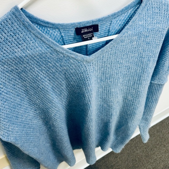 Pure Amici Women’s 100% Cashmere V-Neck Bottom Open Cut Light Blue Sweater S - Picture 4 of 8